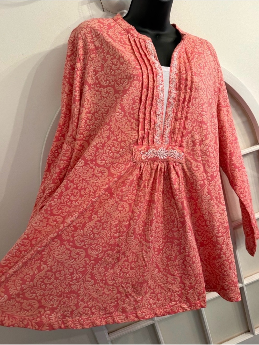 Women’s coral damask print long sleeve tunic top Lagenlook embroidered pleated